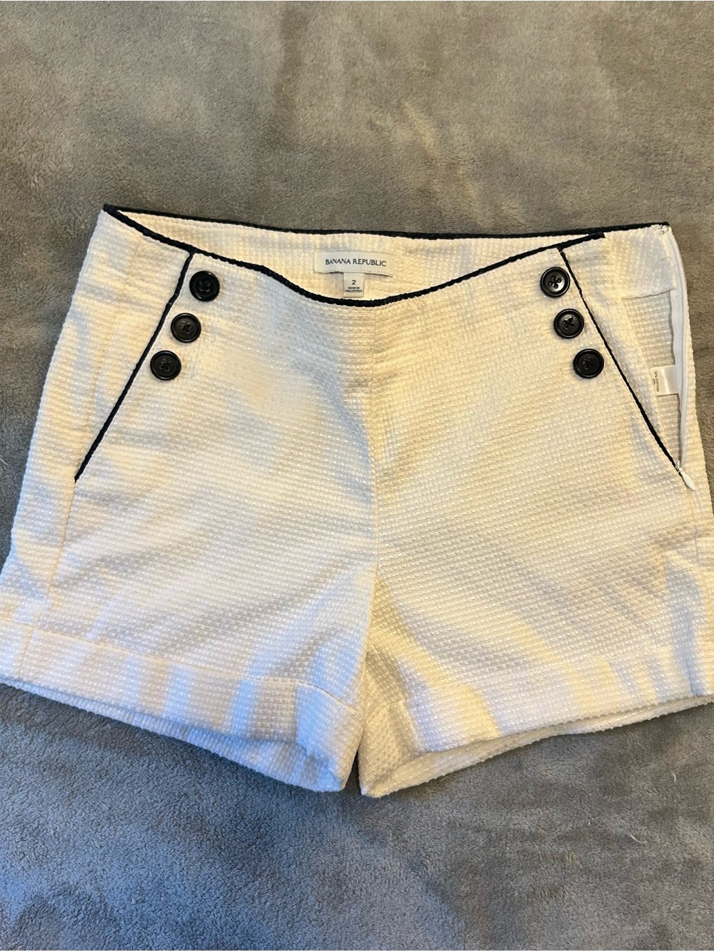 Banana Republic White Textured High-Waist Sailor Shorts with Navy Trim